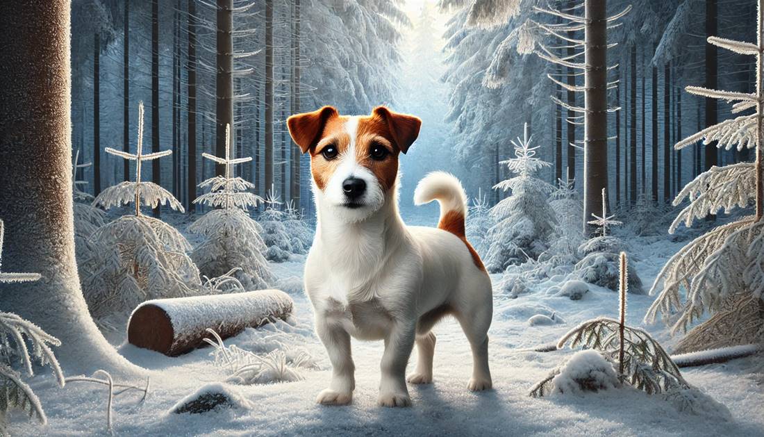 Jack Russell Terrier stojący w śnieżnym lesie, otoczony zaśnieżonymi drzewami, czujny i pełen energii, fotorealistyczny obraz.